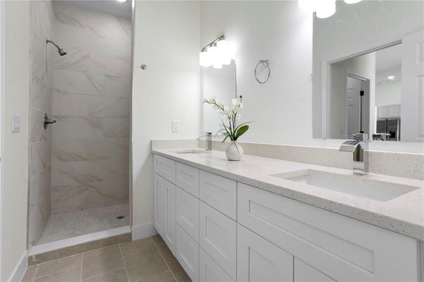 Bathroom, Dual Sink Vanities, Glass Shower, Interior, Marble Walls