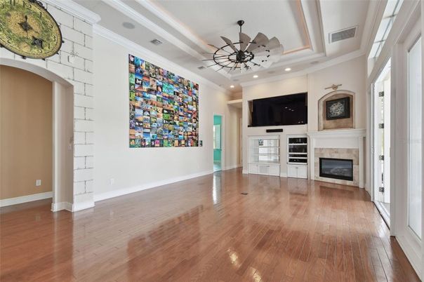 Empty room, Fireplace, Interior, Recessed Lighting, Wood Texture Flooring