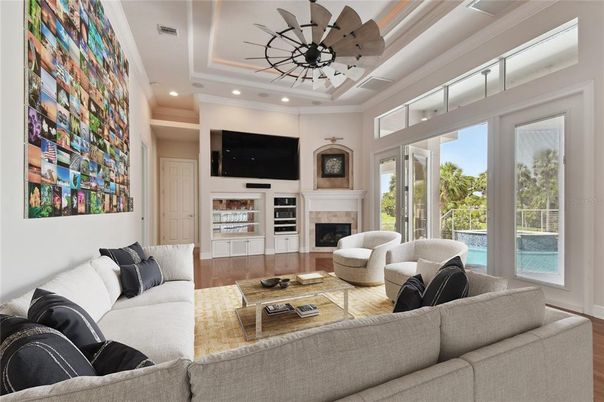 Fireplace, Interior, Living room, Recessed Lighting, Wood Texture Flooring