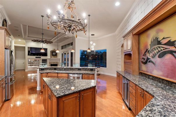 Chandelier, Interior, Kitchen, Pendant Lights, Recessed Lighting, Stainless Steel Appliances, Wood Texture Flooring