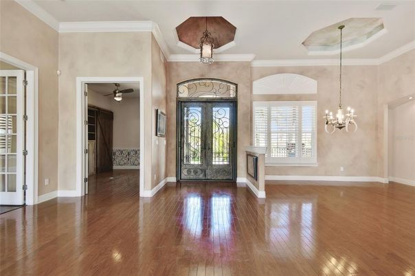 Chandelier, Empty room, Interior, Wood Texture Flooring