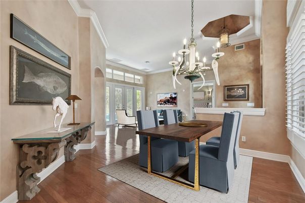 Chandelier, Dining room, Interior, Wood Texture Flooring