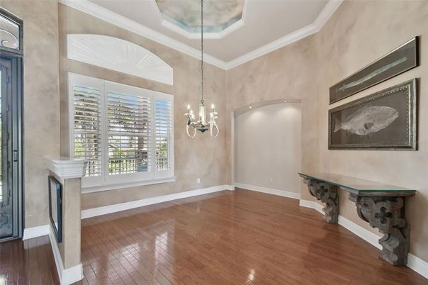 Empty room, Fireplace, Interior, Pendant Lights, Wood Texture Flooring