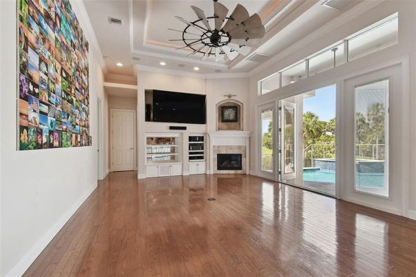 Empty room, Fireplace, Interior, Recessed Lighting, Wood Texture Flooring