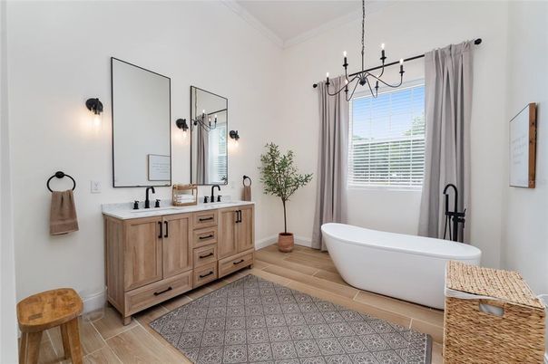 Bathroom, Dual Sink Vanities, Free Standing Baths, Interior, Pendant Lights, Wood Texture Flooring