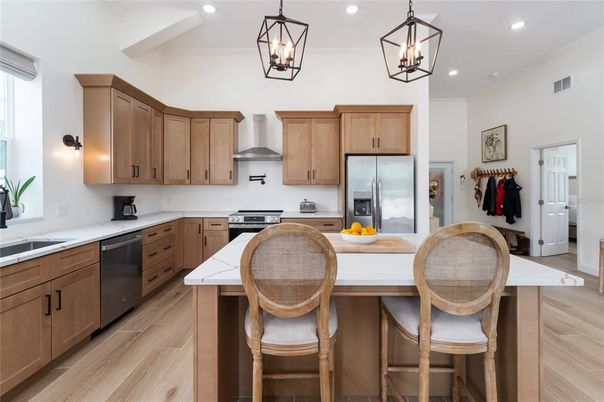 Interior, Kitchen, Pendant Lights, Recessed Lighting, Stainless Steel Appliances, Wood Texture Flooring
