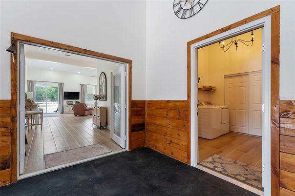 Interior, Washer, Wood Texture Flooring, Wooden Walls