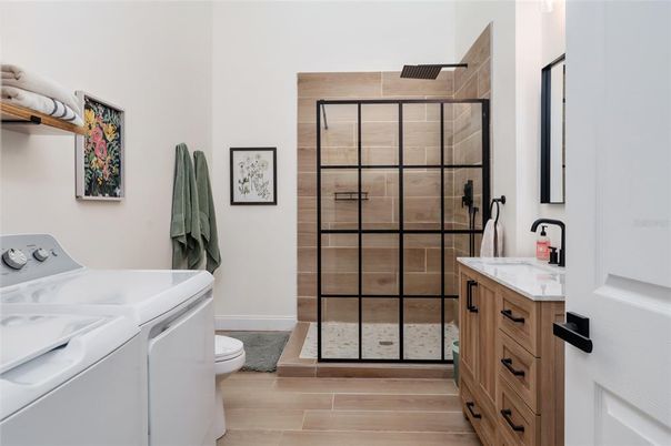 Bathroom, Interior, Washer, Wood Texture Flooring