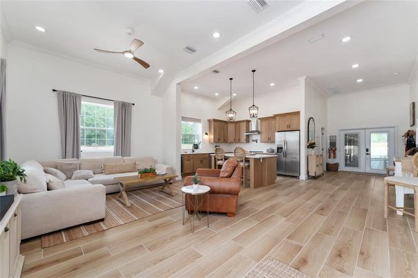 Interior, Kitchen, Living room, Pendant Lights, Recessed Lighting, Stainless Steel Appliances, Wood Texture Flooring