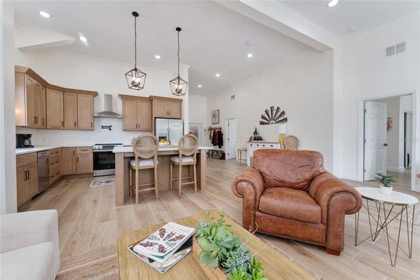 Interior, Kitchen, Pendant Lights, Recessed Lighting, Stainless Steel Appliances, Wood Texture Flooring