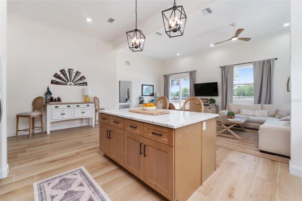 Interior, Kitchen, Living room, Pendant Lights, Recessed Lighting, Wood Texture Flooring