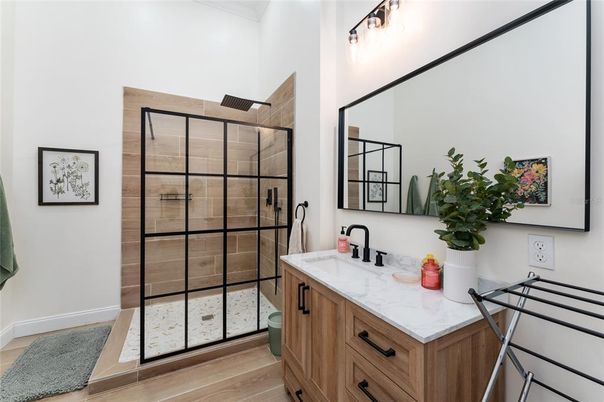 Bathroom, Glass Shower, Interior, Wood Texture Flooring