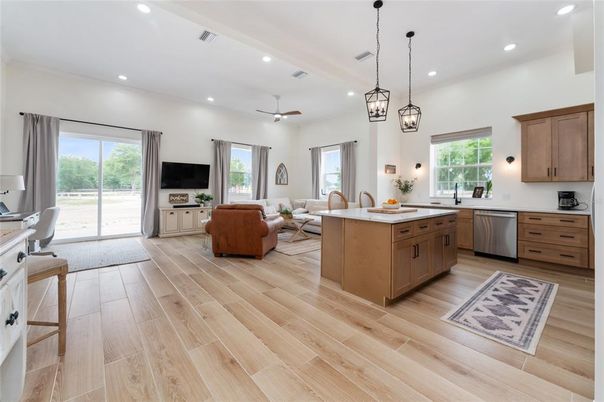 Interior, Kitchen, Living room, Pendant Lights, Recessed Lighting, Wood Texture Flooring