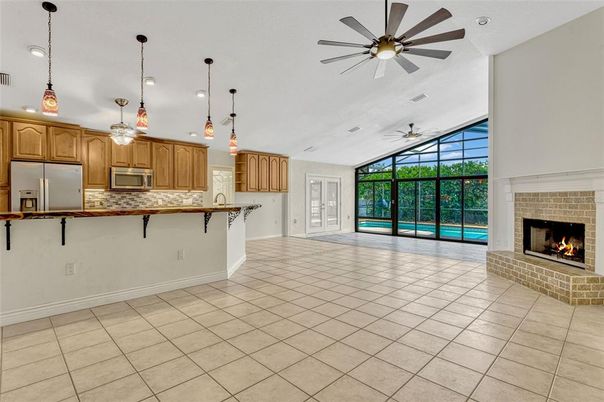 Empty room, Fireplace, Interior, Kitchen, Pendant Lights, Recessed Lighting