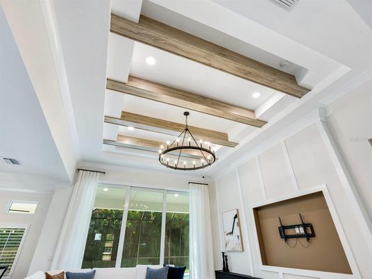 Chandelier, Interior, Recessed Lighting, Wooden Beams