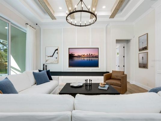 Interior, Living room, Pendant Lights, Recessed Lighting, Wood Texture Flooring