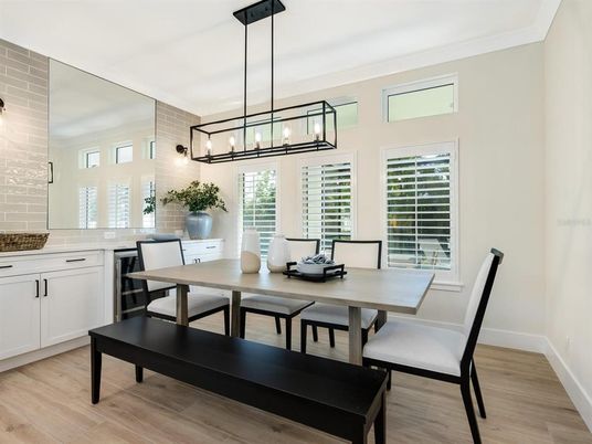 Dining room, Interior, Pendant Lights, Wood Texture Flooring