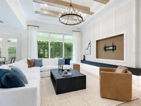 Chandelier, Interior, Living room, Recessed Lighting, Wooden Beams, Wood Texture Flooring