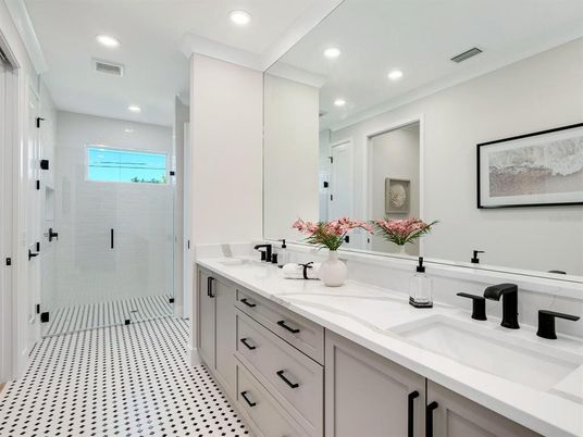Bathroom, Dual Sink Vanities, Glass Shower, Interior, Recessed Lighting