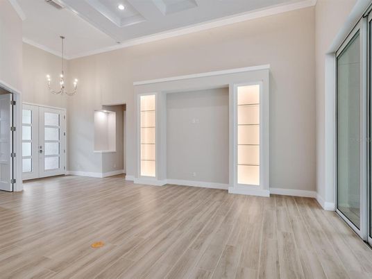 Chandelier, Empty room, Interior, Recessed Lighting, Wood Texture Flooring