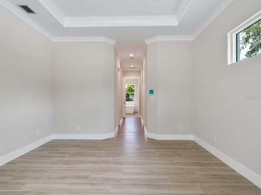 Empty room, Interior, Recessed Lighting, Wood Texture Flooring