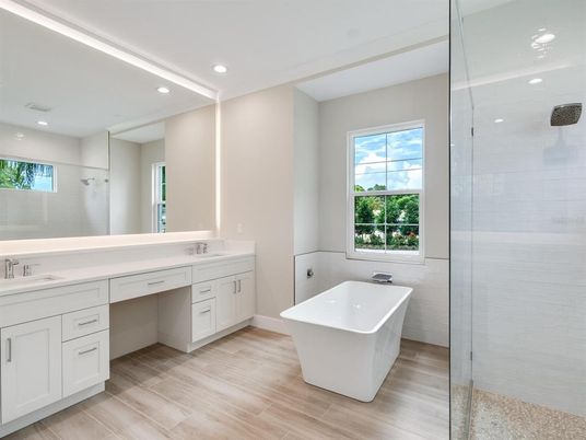 Bathroom, Dual Sink Vanities, Free Standing Baths, Glass Shower, Interior, Recessed Lighting, Wood Texture Flooring