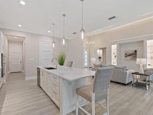 Interior, Kitchen, Living room, Pendant Lights, Recessed Lighting, Wood Texture Flooring