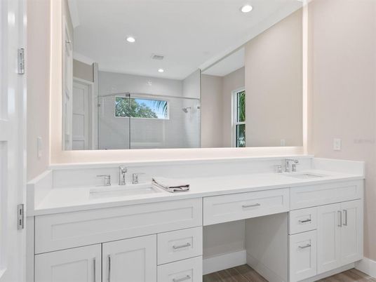 Bathroom, Dual Sink Vanities, Interior, Recessed Lighting, Wood Texture Flooring