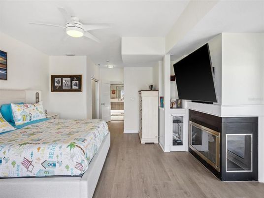 Bedroom, Fireplace, Interior, Wood Texture Flooring