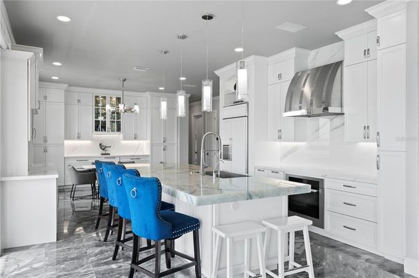 Interior, Kitchen, Marble, Pendant Lights, Recessed Lighting, Stainless Steel Appliances