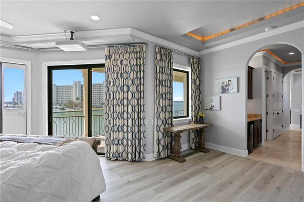 Bedroom, Interior, Recessed Lighting, Water, Wood Texture Flooring