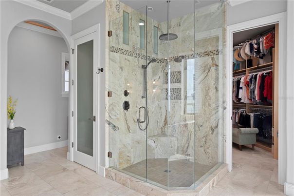 Bathroom, Glass Shower, Interior, Marble Walls, Walk-in Closets