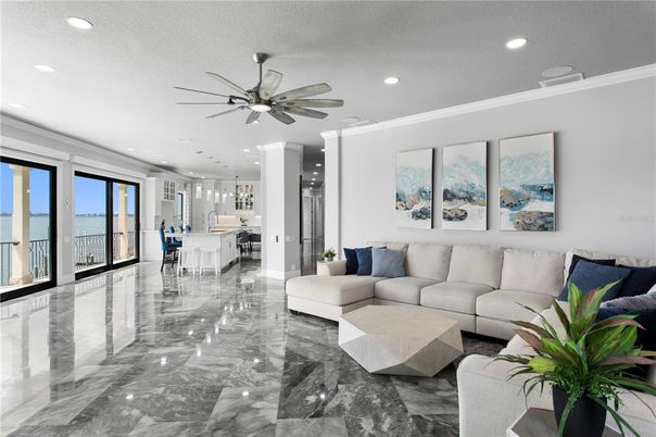 Interior, Kitchen, Living room, Marble, Pendant Lights, Recessed Lighting, Water