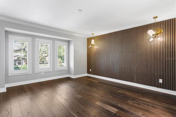 Empty room, Interior, Pendant Lights, Wood Texture Flooring