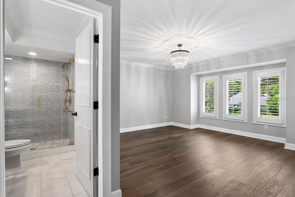 Bathroom, Chandelier, Interior, Marble, Recessed Lighting, Wood Texture Flooring