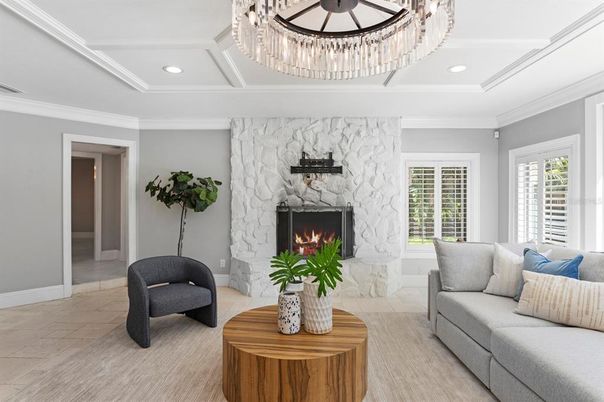 Fireplace, Interior, Living room, Recessed Lighting, Stone Walls