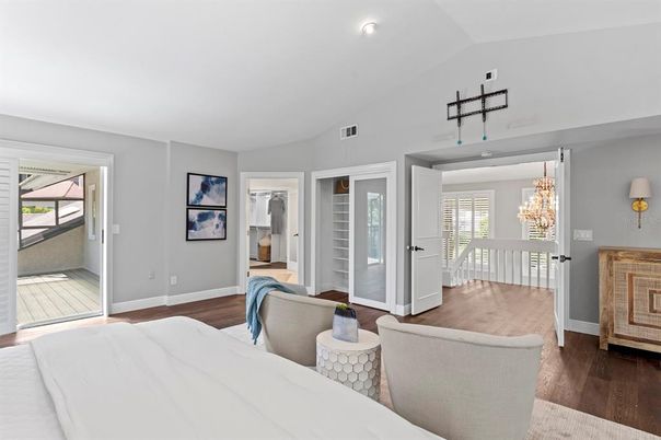 Bedroom, Chandelier, Interior, Recessed Lighting, Wood Texture Flooring