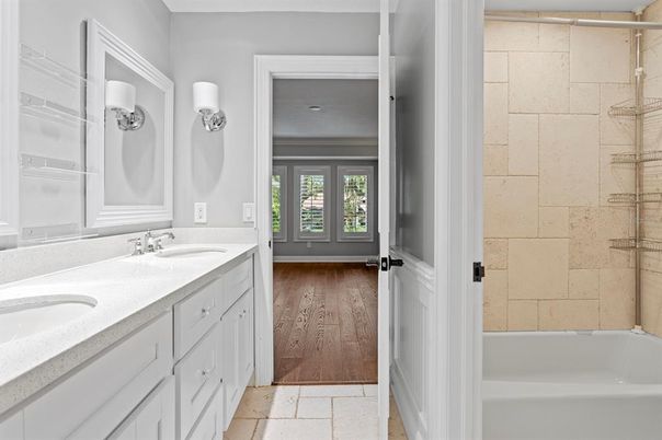 Bathroom, Dual Sink Vanities, Interior, Stone Walls, Wood Texture Flooring