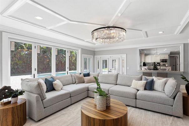 Chandelier, Interior, Kitchen, Living room, Recessed Lighting, Stainless Steel Appliances, Wood Texture Flooring