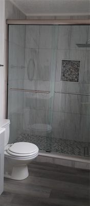 Bathroom, Glass Shower, Interior, Wood Texture Flooring