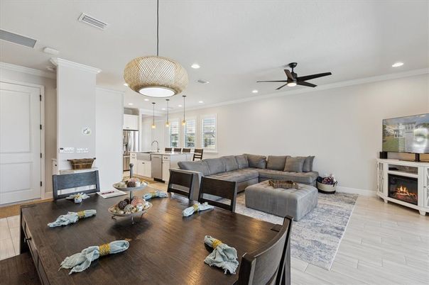 Dining room, Fireplace, Interior, Kitchen, Living room, Pendant Lights, Recessed Lighting, Wood Texture Flooring