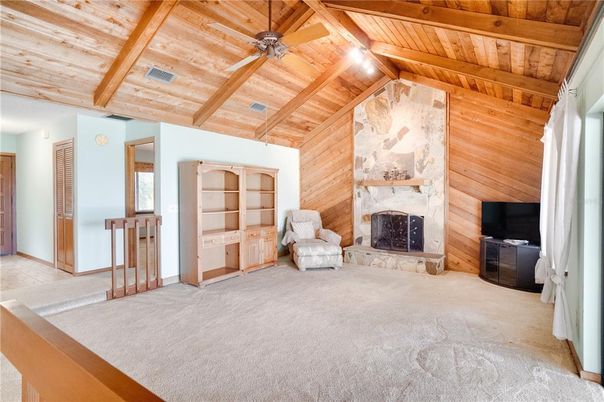 Empty room, Fireplace, Interior, Wooden Beams, Wooden Ceilings, Wooden Walls