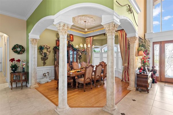 Chandelier, Dining room, Interior, Wood Texture Flooring