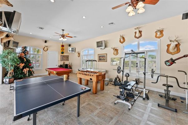 Billiard Table, Fitness Equipment, Game Room, Interior, Recessed Lighting