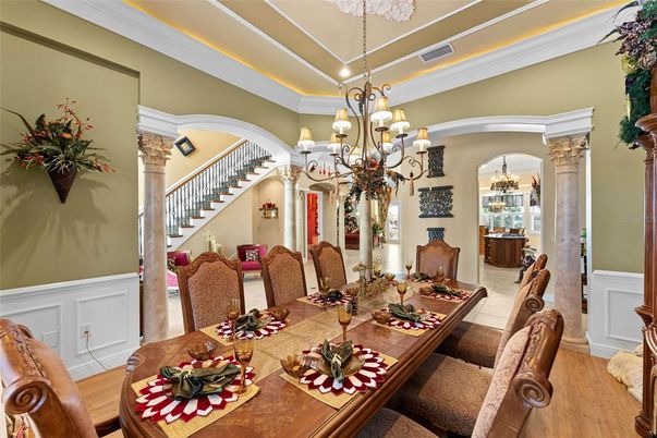Chandelier, Dining room, Interior, Wood Texture Flooring