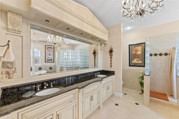 Bathroom, Chandelier, Dual Sink Vanities, Interior, Recessed Lighting
