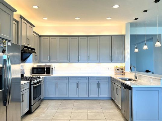 Interior, Kitchen, Pendant Lights, Recessed Lighting, Stainless Steel Appliances