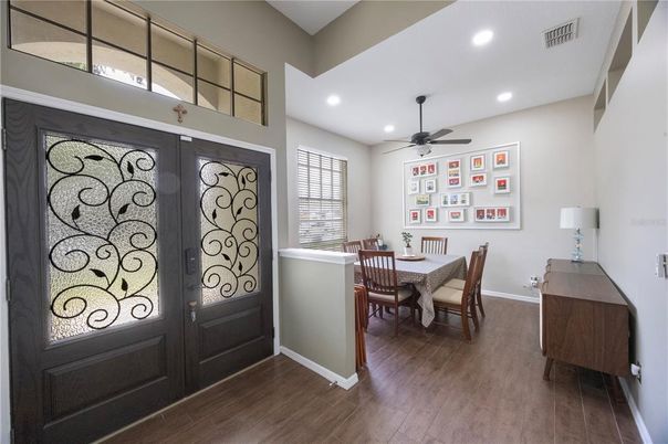 Dining room, Interior, Recessed Lighting, Wood Texture Flooring