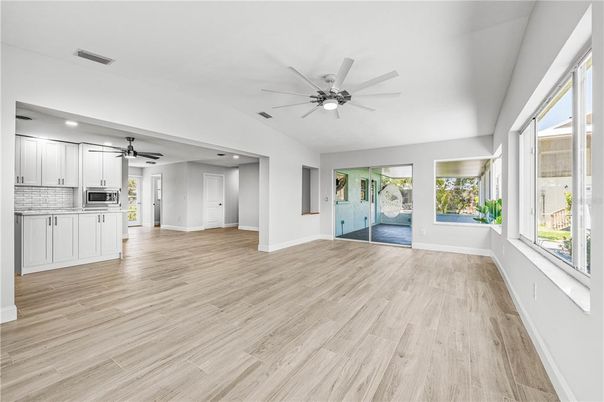 Empty room, Interior, Kitchen, Recessed Lighting, Wood Texture Flooring