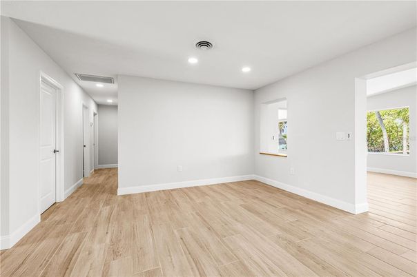 Empty room, Interior, Recessed Lighting, Wood Texture Flooring